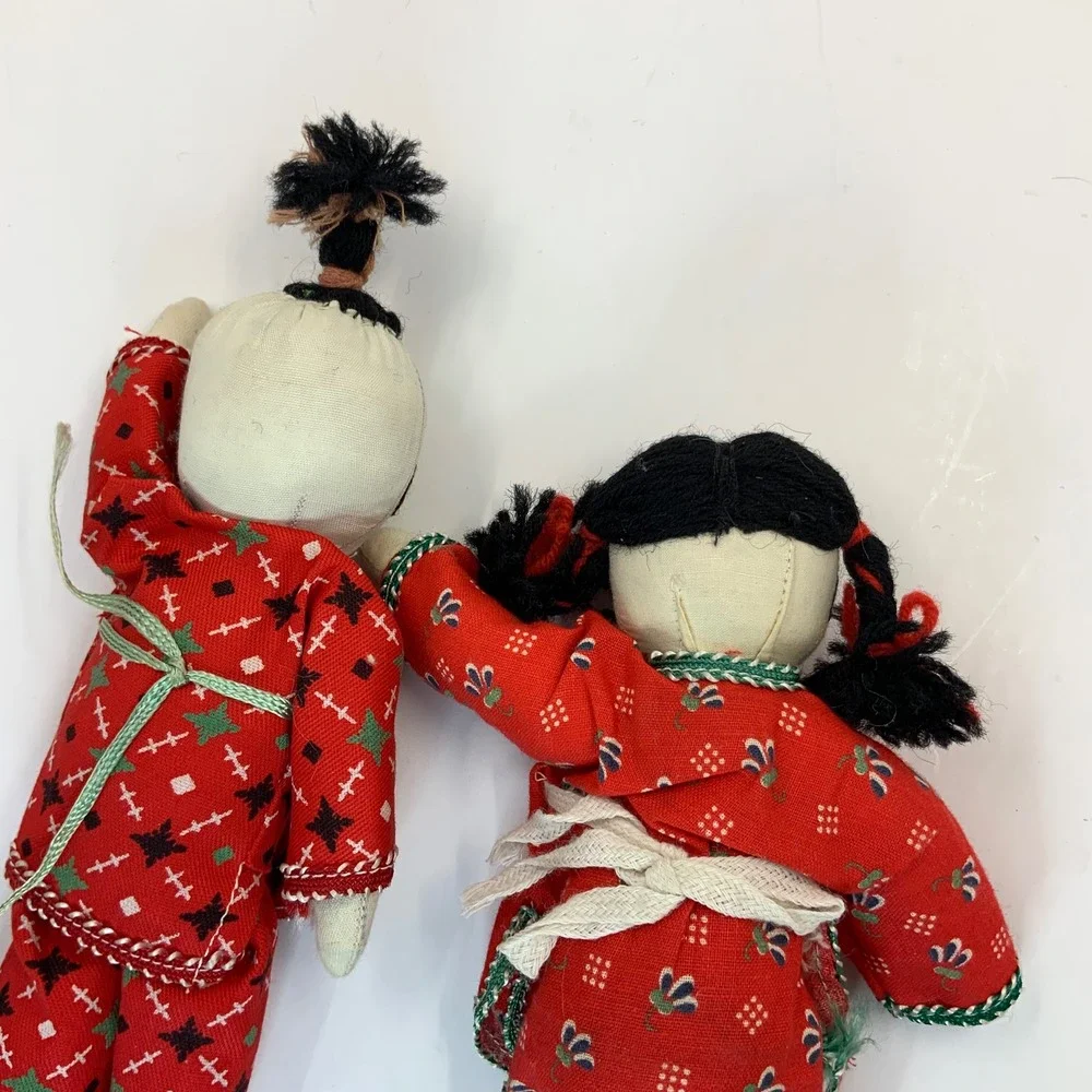 Vintage Chinese Folk Art Cloth Dolls Pair Handmade Red Traditional Dress 7 inch